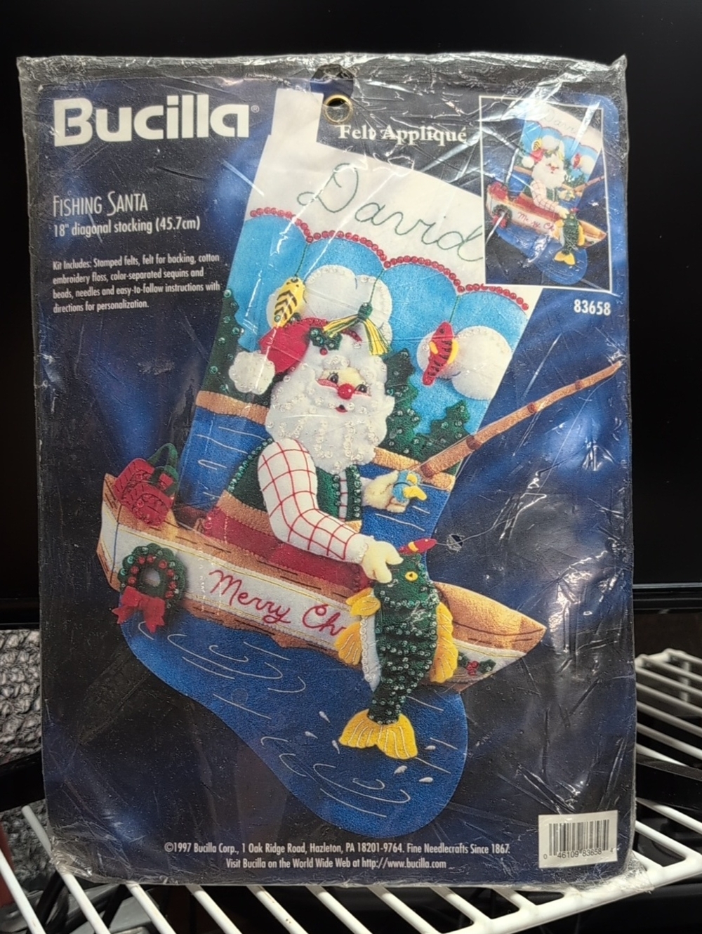 Vtg Bucilla Fishing Santa Felt Appliqué 18" Diagonal Stocking Kit NEW